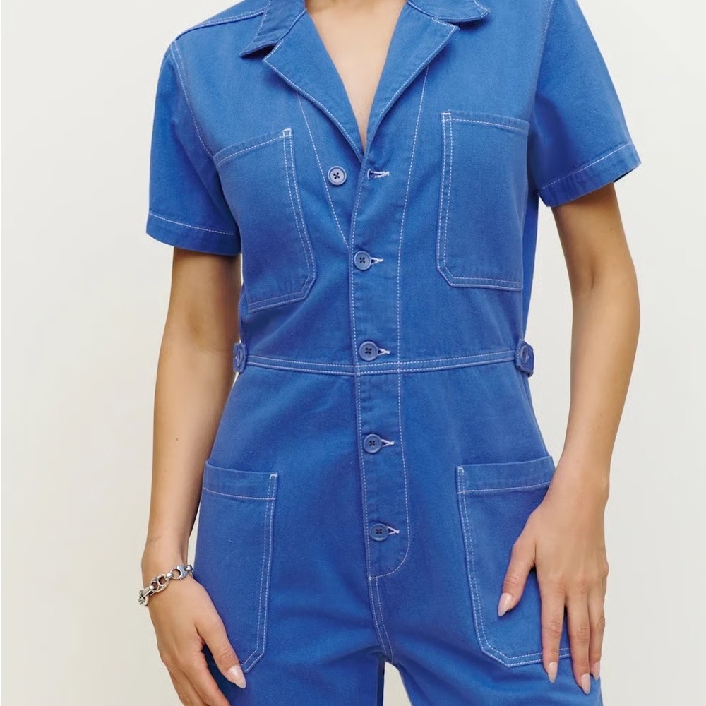 NEW Reformation Morgan Twill Contrast Stitch Short Sleeve Jumpsuit Women’s 2